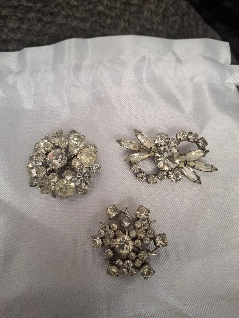 3 1950's Vintage-Inspired Clear Crystal Brooch Pin - Silver Tone